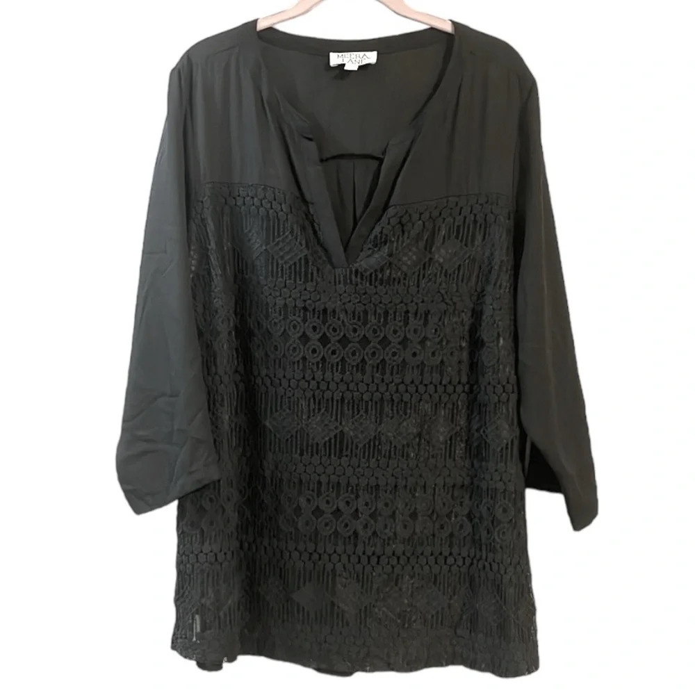 Meera Lane Black Chiffon & Lace Overlay Tunic Top Blouse V-neck 3/4 Sleeves 2X